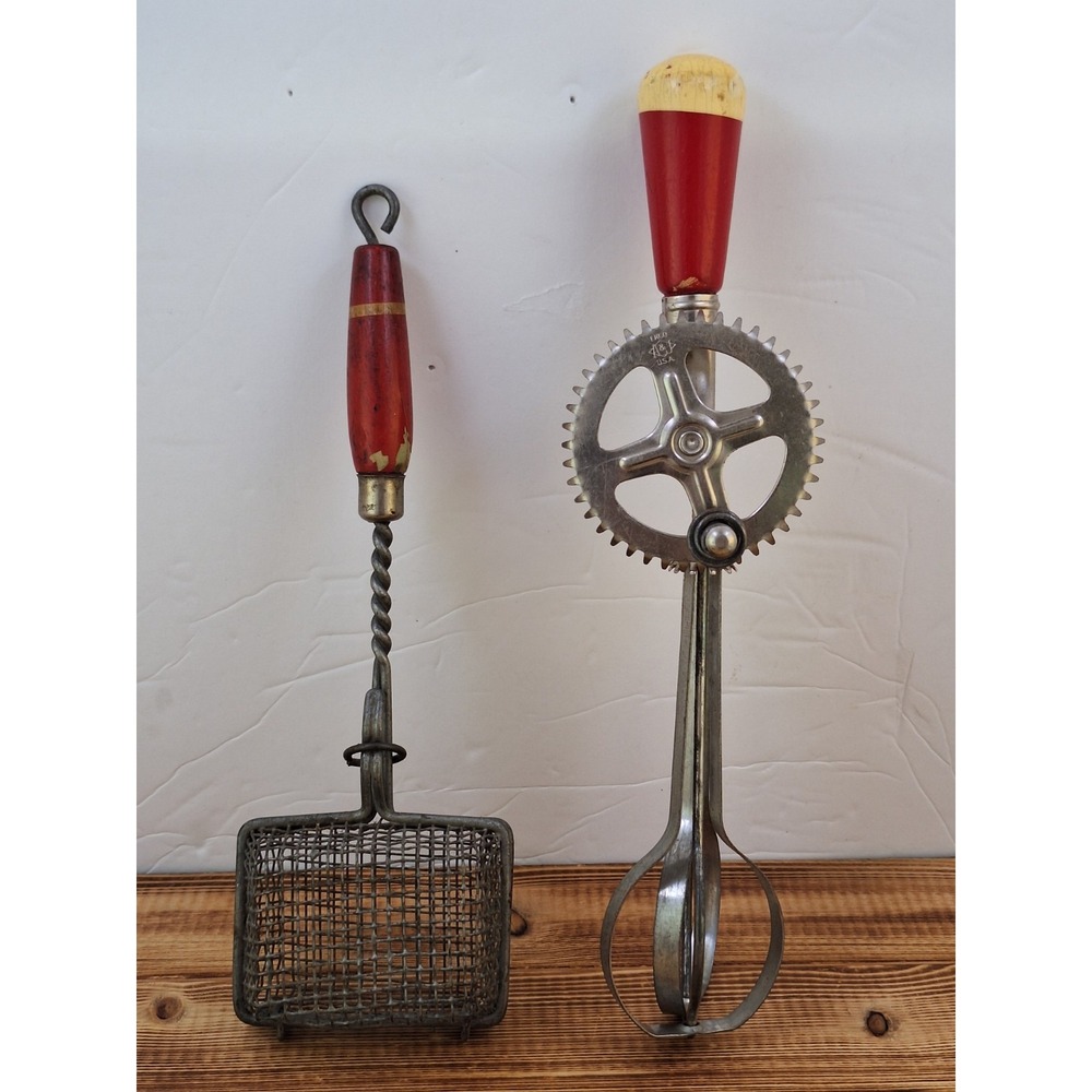 Antique Farmhouse,‎ Red Wood Handle, Wire Basket, A & J Ekco Egg Beater Set X2